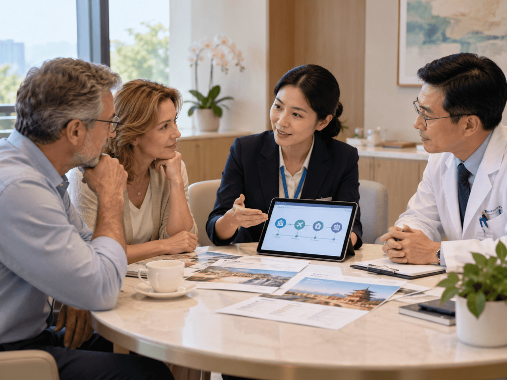 International patients discussing treatment options in China with a doctor and medical coordinator