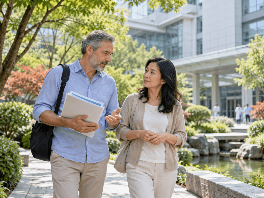International patient speaking with a medical coordinator outside a modern hospital in China